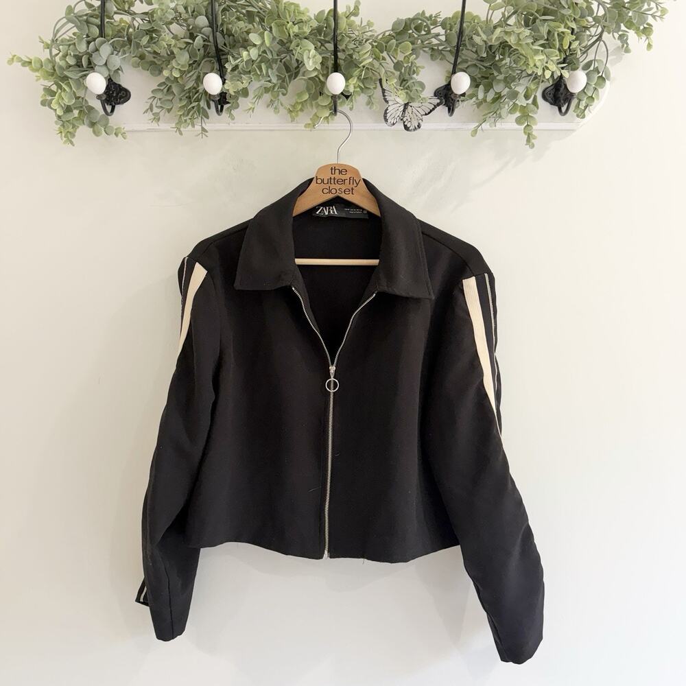 Zara Black Cropped Track Striped Sleeve Jacket O Ring Zip Medium d5905